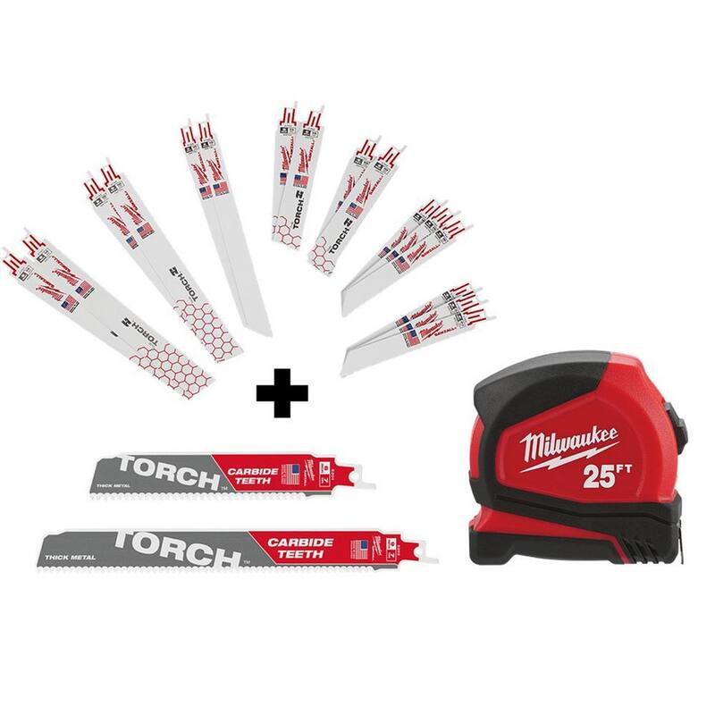Juego de hojas de sierra alternativa para metal Milwaukee SAWZALL BiMetal para corte de metal (16 piezas) con 2 hojas de carburo y cinta métrica compacta de 25 pies - 49-22-1216Y-48-22-6625.