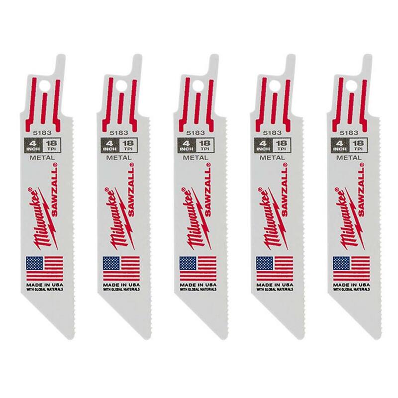 Cuchillas de sierra alternativa Milwaukee de 4 pulgadas y 18 TPI para corte medio de metal (paquete de 5) - 48-00-5183