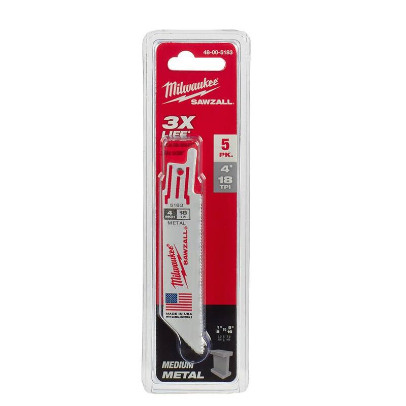 Cuchillas de sierra alternativa Milwaukee de 4 pulgadas y 18 TPI para corte medio de metal (paquete de 5) - 48-00-5183