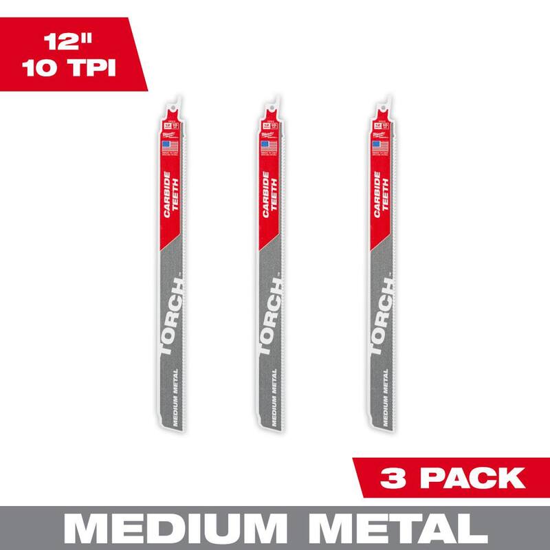 Hoja de sierra sable Milwaukee de carburo para corte de metal mediano de 12 pulgadas y 10 TPI (paquete de 3) - 48-00-5353