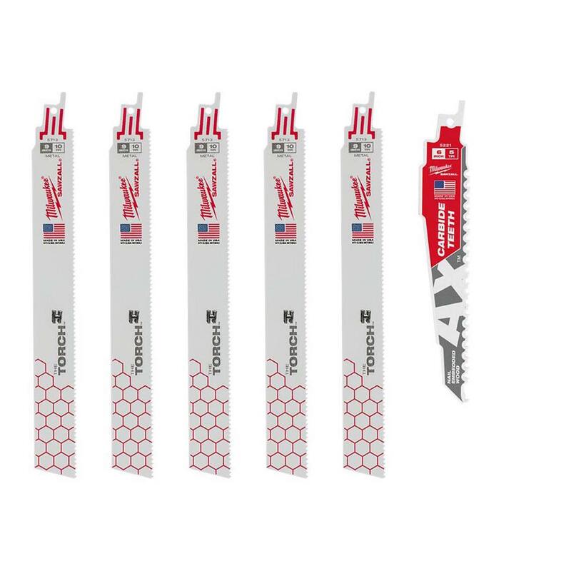 Milwaukee 9 pulgadas 10 TPI TORCH hojas de corte de metal grueso y 6 pulgadas 5 TPI AX hoja de SAWZALL para cortar madera con clavos incrustados (paquete de 6) - 48-00-5713S-48-00-5221