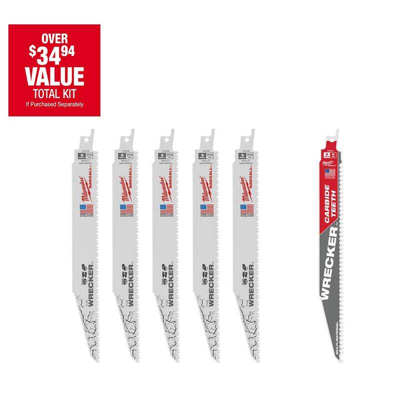 Cuchillas para sierra reciprocante para corte multipropósito de 9 pulgadas con 7/11 dientes por pulgada de bi-metal WRECKER de Milwaukee (paquete de 6) con cuchilla de carburo de 9 pulgadas - 48-00-5706T.