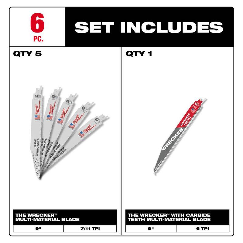 Cuchillas para sierra reciprocante para corte multipropósito de 9 pulgadas con 7/11 dientes por pulgada de bi-metal WRECKER de Milwaukee (paquete de 6) con cuchilla de carburo de 9 pulgadas - 48-00-5706T.