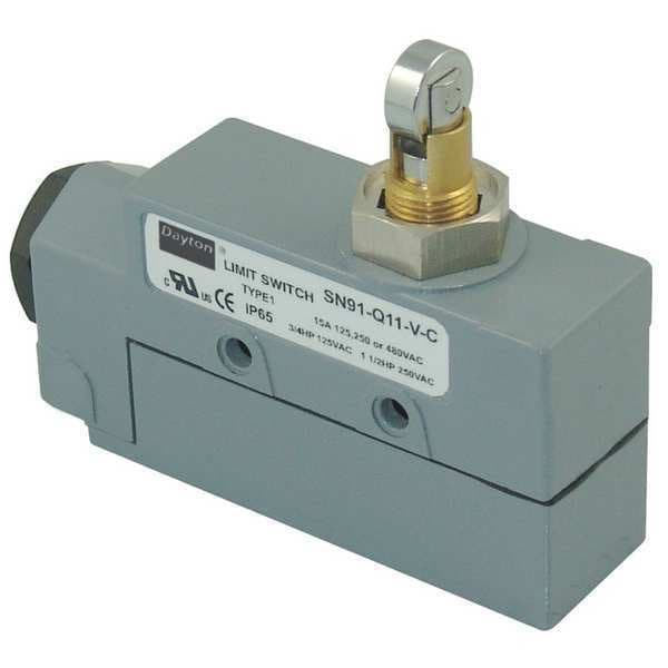 Interruptor de límite Dayton, Rodillo cruzado, Tope, SPDT, 15A @ 480V CA, Ubicación del actuador: Arriba - 12T908