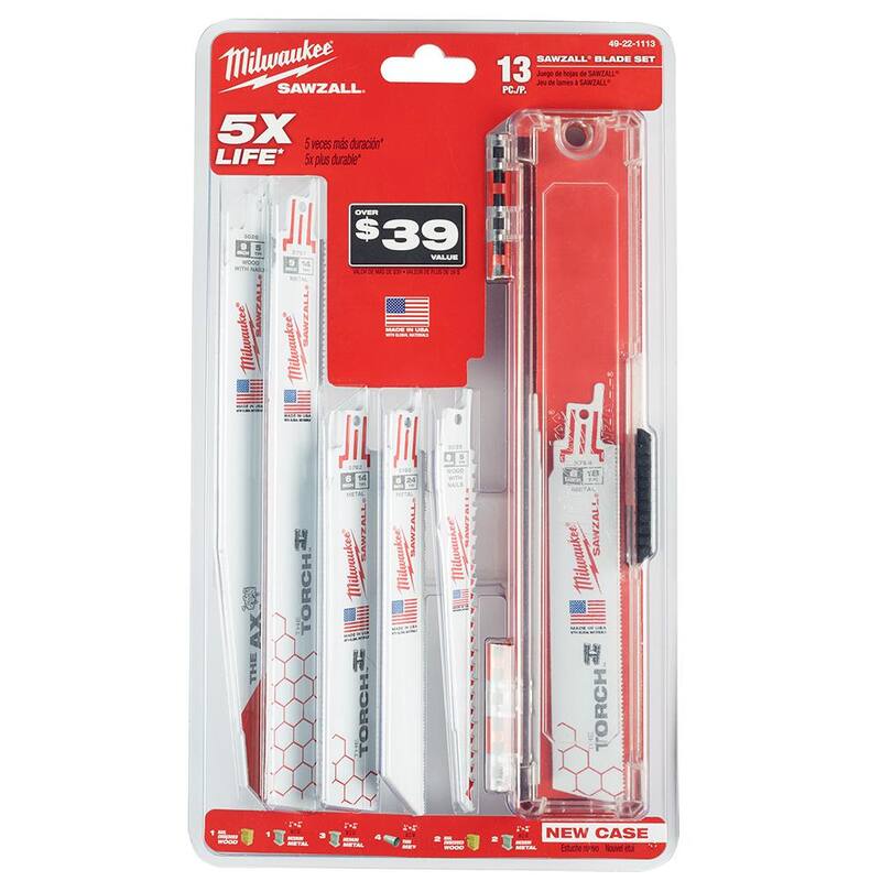 Set de hojas de sierra reciprocante Milwaukee SAWZALL para demolición de madera y metal con un paquete de 5 hojas de corte de metal (18 piezas) - 49-22-1113-48-00-5184.