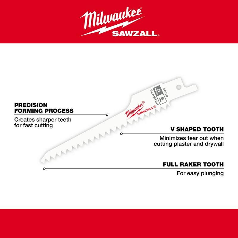 Sierra reciprocante para cortar yeso Sawzall de 5 pulgadas y 6 TPI de Milwaukee - Paquete de 5 piezas - 48-00-5052