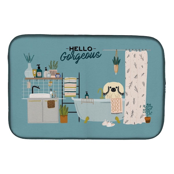 Carolines Treasures 14 x 21 in. Cream Pekingese in Bathtub Dish Drying Mat - CK7528DDM