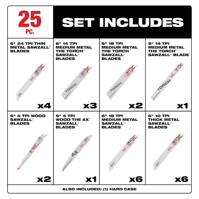 Juego de hojas de sierra de vaivén bimetálicas Milwaukee SAWZALL para demolición de madera y metal con clavos incrustados (25 piezas) - 49-22-1113S