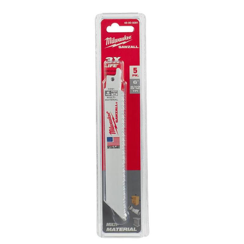 Milwaukee 6 pulgadas 8/12 TPI Cuchillas para sierra recíproca de corte de materiales múltiples SAWZALL (paquete de 5) - 48-00-5091