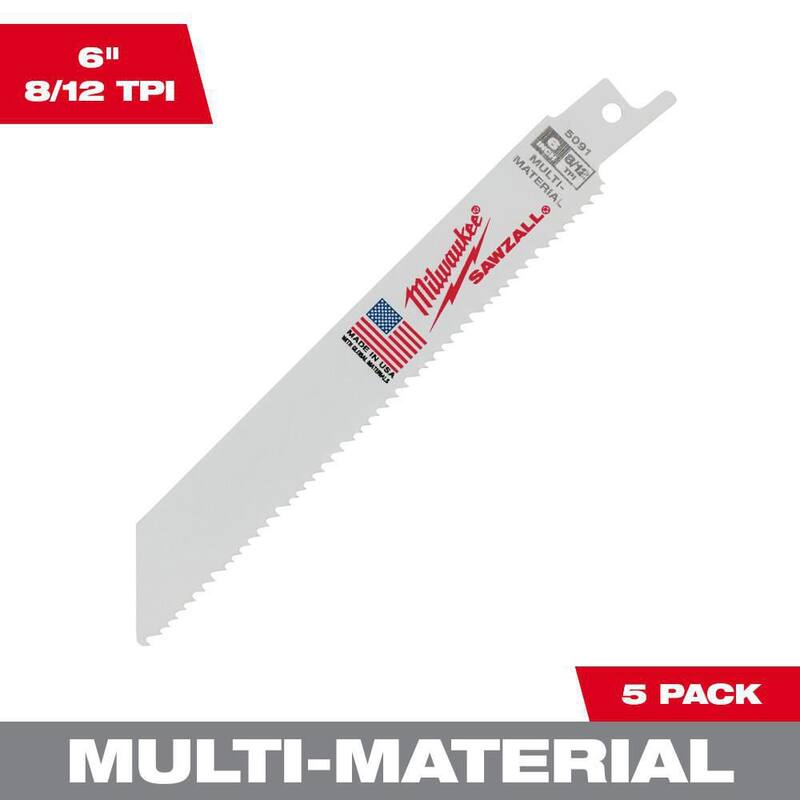 Milwaukee 6 pulgadas 8/12 TPI Cuchillas para sierra recíproca de corte de materiales múltiples SAWZALL (paquete de 5) - 48-00-5091