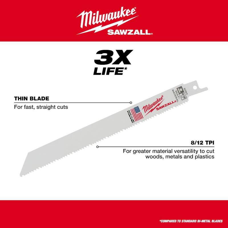 Milwaukee 6 pulgadas 8/12 TPI Cuchillas para sierra recíproca de corte de materiales múltiples SAWZALL (paquete de 5) - 48-00-5091