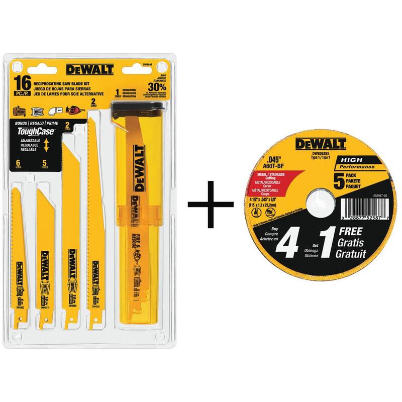 Set de hojas de sierra alternativa bimetálicas DEWALT con estuche (16 piezas) con bono de rueda de corte de metal y acero inoxidable de 4-1/2 pulgadas (paquete de 5) - DW4899W8062B5