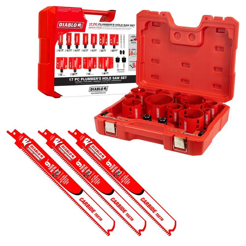 Set de sierra perforadora bimetálica de 17 piezas Diablo para plomeros y hojas de sierra de reciprocación de carburo de 9 pulgadas para metal grueso (3/16 pulgadas - 9/16 pulgadas) (26 piezas) - D908CF3HS17SPLG
