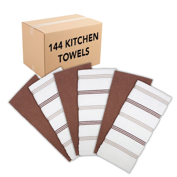 Monarch Brands Premier Kitchen Towels, Striped Pattern , Tan, Brown, 144PK - SC-KT6-STTBR-CS