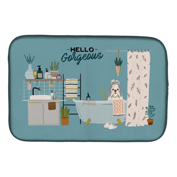 Carolines Treasures 14 x 21 in. Silver White Shih Tzu in Bathtub Dish Drying Mat - CK7507DDM