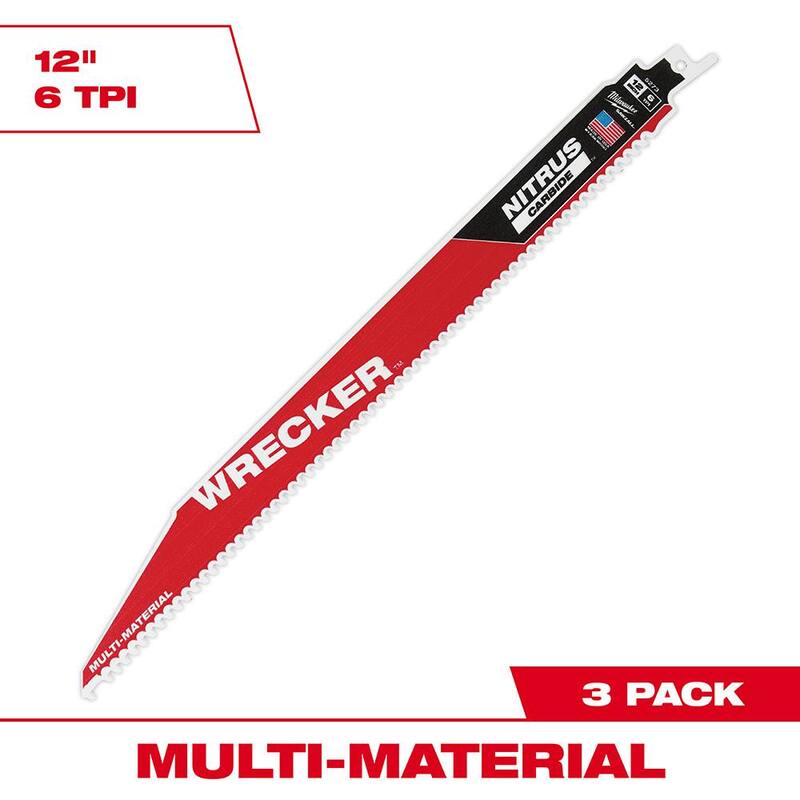 Milwaukee 12 pulgadas 6 dientes por pulgada WRECKER Nitrus Carbide Teeth Cortador de material múltiple hoja de sierra de sable SAWZALL para sierra recíproca (paquete de 3) - 48-00-5373