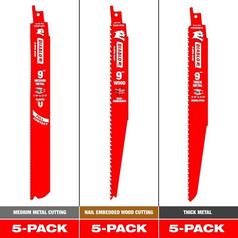 DIABLO 9 pulgadas Hojas reciprocantes bimetálicas para propósito general, corte de madera con clavos y metal de grosor mediano (paquete de 15) - DS09121414B15GS