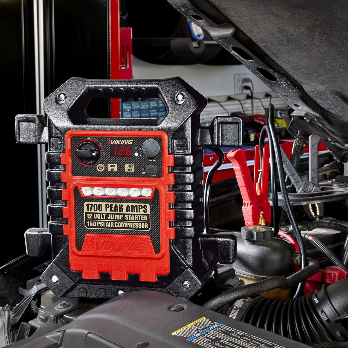 Arrancador de batería portátil Viking de 1700 amperios pico y paquete de energía con compresor de aire de 150 PSI - 57085