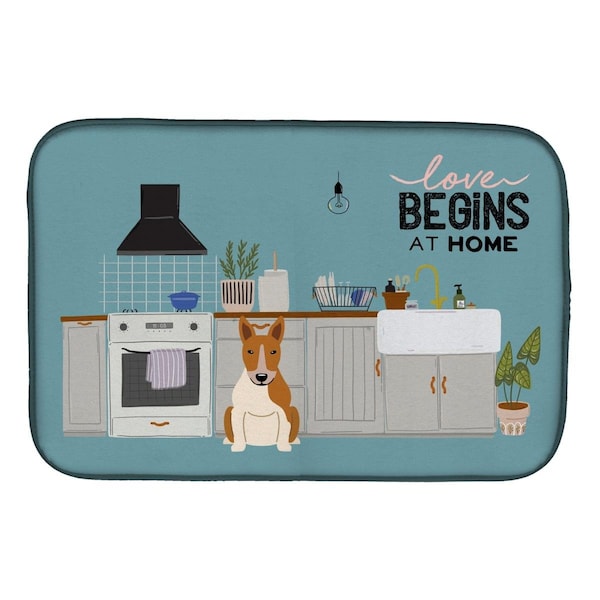 Carolines Treasures 14 x 21 in. Red White Bull Terrier Kitchen Scene Dish Drying Mat - CK7839DDM