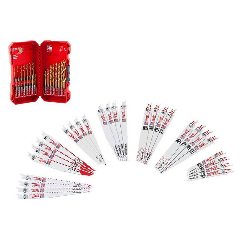 Juego de hojas de sierra alternativa bimetálicas Milwaukee SAWZALL para corte de madera y metal con clavos incrustados, con juego de brocas de titanio (55 piezas) - 49-22-1132-48-89-4631