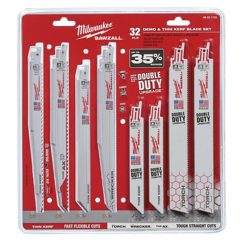 Juego de hojas de sierra alternativa bimetálicas Milwaukee SAWZALL para corte de madera y metal con clavos incrustados, con juego de brocas de titanio (55 piezas) - 49-22-1132-48-89-4631