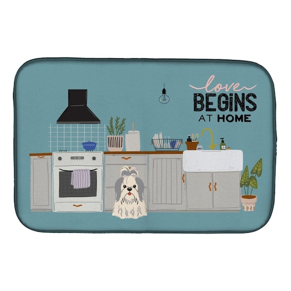 Carolines Treasures 14 x 21 in. Silver White Shih Tzu Kitchen Scene Dish Drying Mat - CK7789DDM