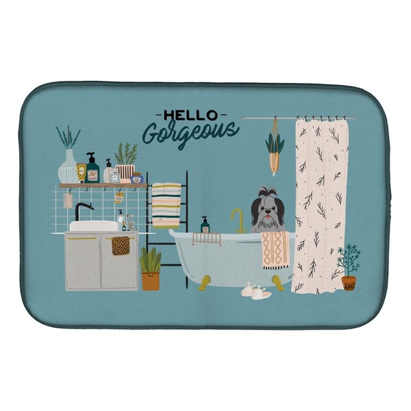 Carolines Treasures 14 x 21 in. Black Silver Shih Tzu in Bathtub Dish Drying Mat - CK7511DDM
