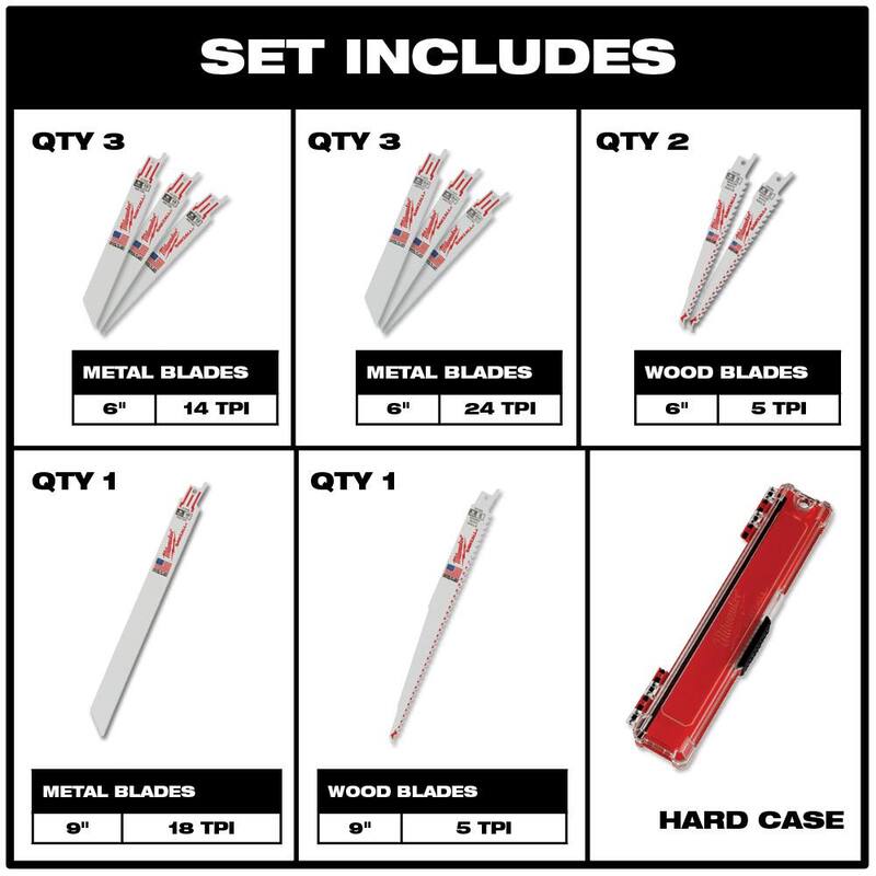 Set de hojas de sierra reciproca bimetálicas para corte de madera/metal de Milwaukee (10 piezas) con hoja reciproca 9 in. 7 TPI TORCH Nitrus (paquete de 2) - 49-22-1110-48-00-5262-48-00-5262