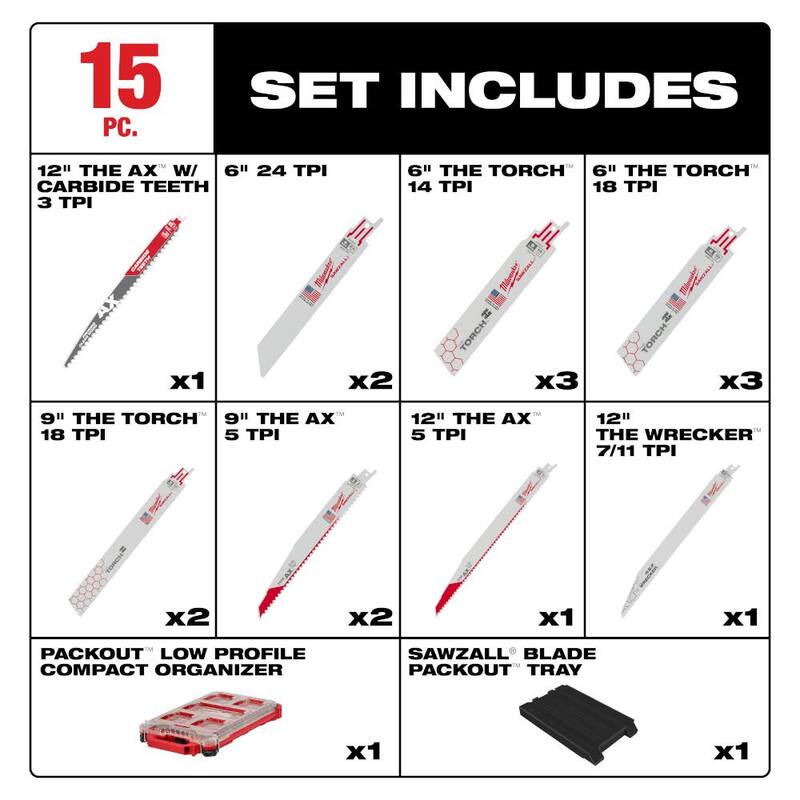 Milwaukee SAWZALL 9 pulgadas 8 TPI Juego de hojas de sierra reciproca Metal Cutting NITRUS Torch PACKOUT Kit (paquete de 15 piezas) - 49-22-5641