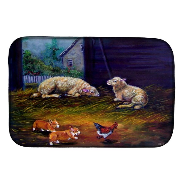Carolines Treasures Corgi Chaos in the Barn With Sheep Dish Drying Mat - 7322DDM