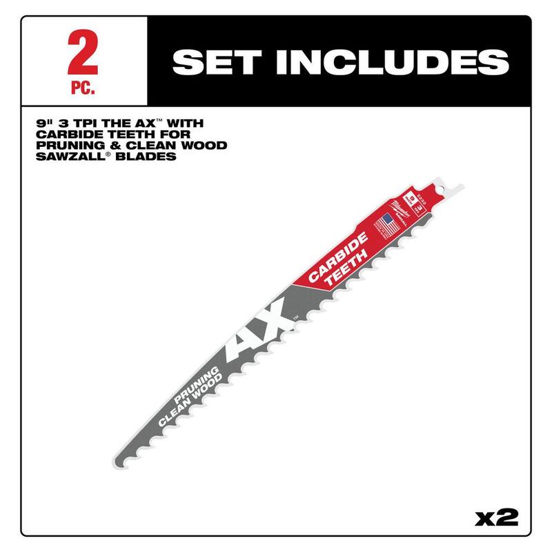 Milwaukee 9 pulgadas 3 TPI Hoja de sierra de sable SAWZALL con dientes de carburo para podar madera (paquete de 2) - 48-00-5232-48-00-5232.