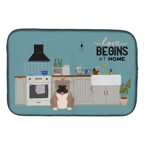 Carolines Treasures 14 x 21 in. Grey Brindle English Bulldog Kitchen Scene Dish Drying Mat - CK7830DDM