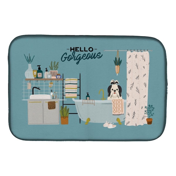 Carolines Treasures 14 x 21 in. Black White Shih Tzu in Bathtub Dish Drying Mat - CK7510DDM