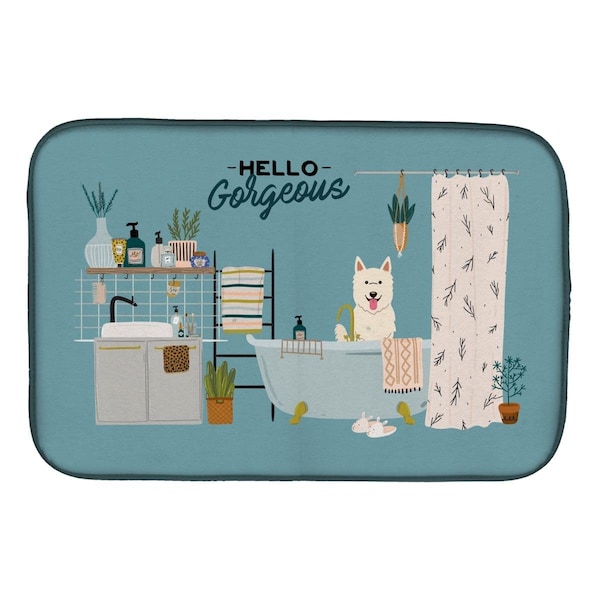 Carolines Treasures 14 x 21 in. White German Shepherd in Bathtub Dish Drying Mat - CK7467DDM