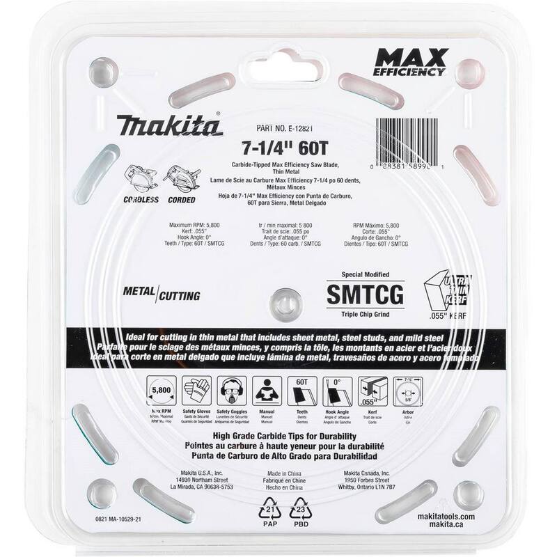 Makita 7-1/4 pulgadas 60 dientes punta de carburo Max Efficiency Sierra para Metales/Acero Inoxidable - E-12821