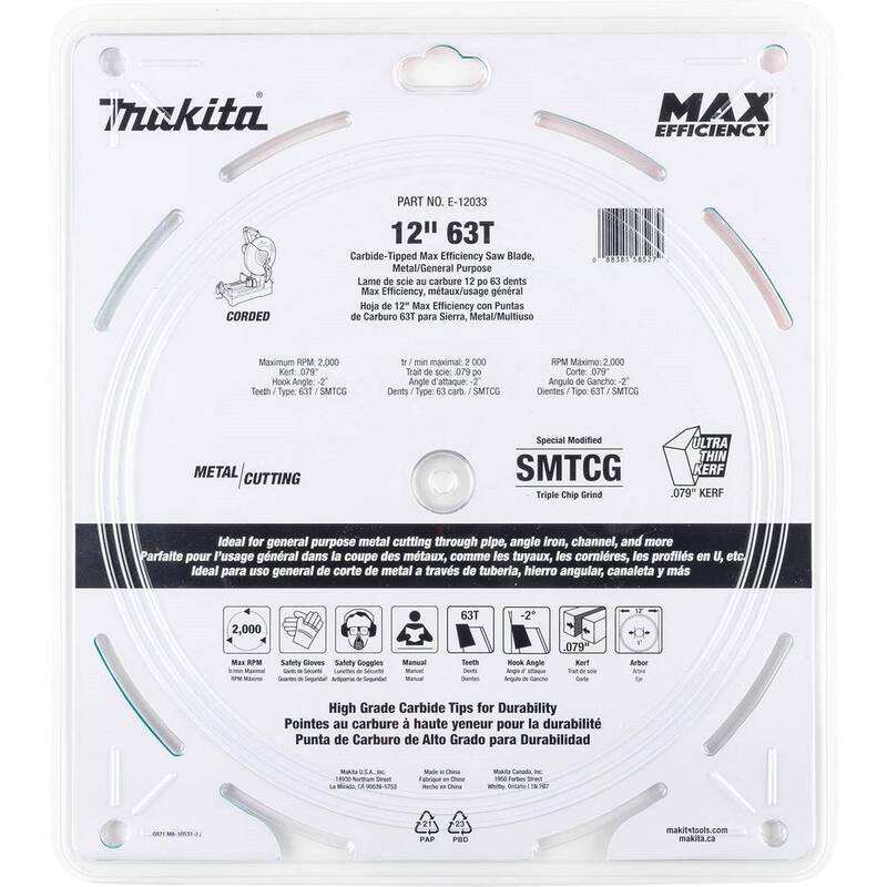 Hoja de sierra Makita de 12 pulgadas con 63 dientes de carburo para máxima eficiencia, metal/uso general - E-12033.