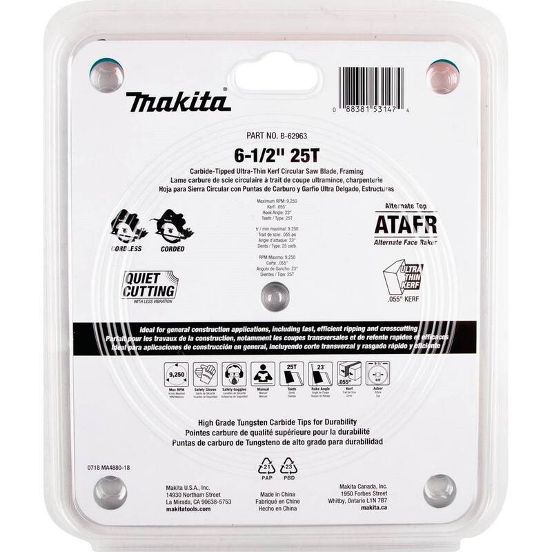 Hoja de sierra circular de carburo con punta de 25T de 6-1/2 pulgadas para máxima eficiencia de corte, Kerf ultra delgado, para estructuras - B-62963