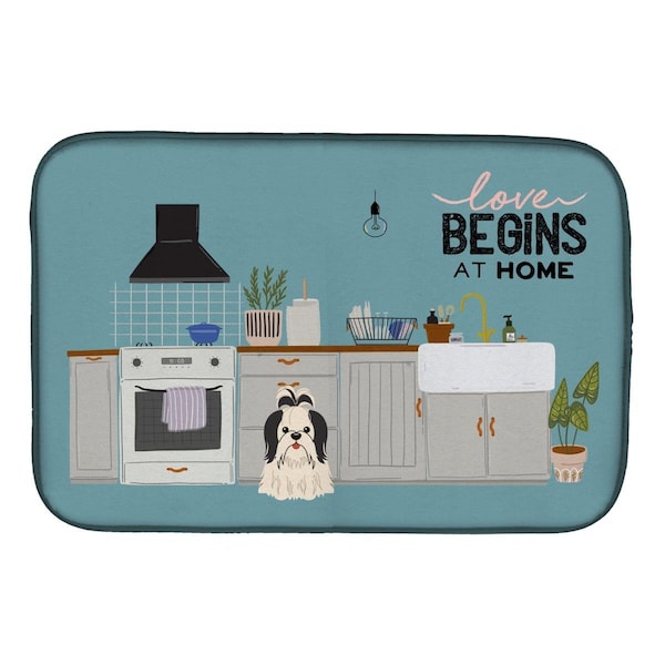 Carolines Treasures 14 x 21 in. Black White Shih Tzu Kitchen Scene Dish Drying Mat - CK7792DDM