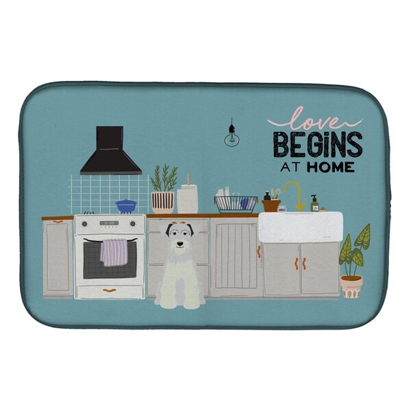 Carolines Treasures 14 x 21 in. White Miniature Schnauzer Kitchen Scene Dish Drying Mat - CK7757DDM