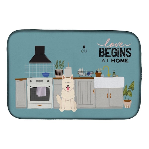 Carolines Treasures 14 x 21 in. White German Shepherd Kitchen Scene Dish Drying Mat - CK7749DDM