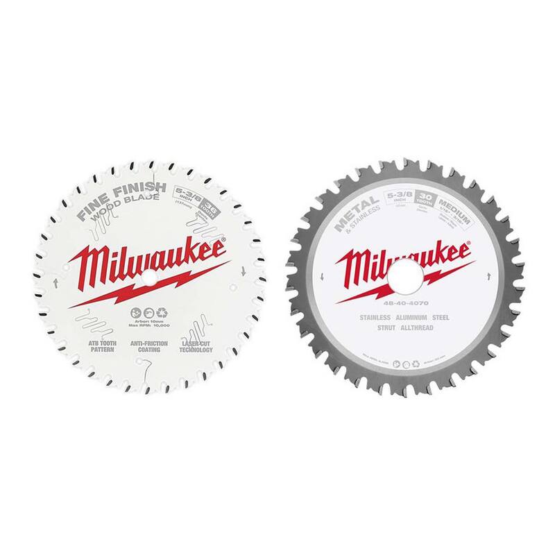 Milwaukee Hoja de sierra circular de carburo para metal y acero inoxidable de 5-3/8 pulg. x 30 dientes y hoja de acabado fino de 5-3/8 pulg. x 36 dientes (paquete de 2) - 48-40-4070-48-40-0524