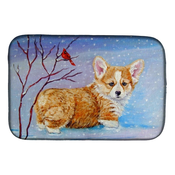Carolines Treasures Corgi Pup Snow Cardinal Dish Drying Mat - 7327DDM