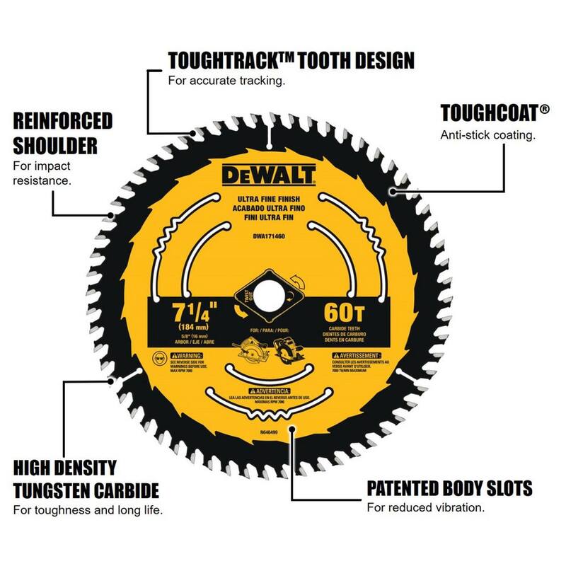 Hoja de sierra circular DEWALT de 7-1/4 pulgadas y 60 dientes - DWA171460