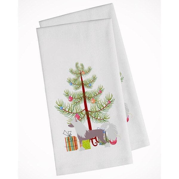 Carolines Treasures Chinese Crested Merry Christmas Tree White Kitchen Towel, 2PK - BB2961WTKT