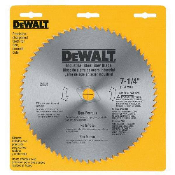 Hoja de sierra de acero para no ferrosos DEWALT de 7-1/4 pulgadas con 68 dientes - DW3329
