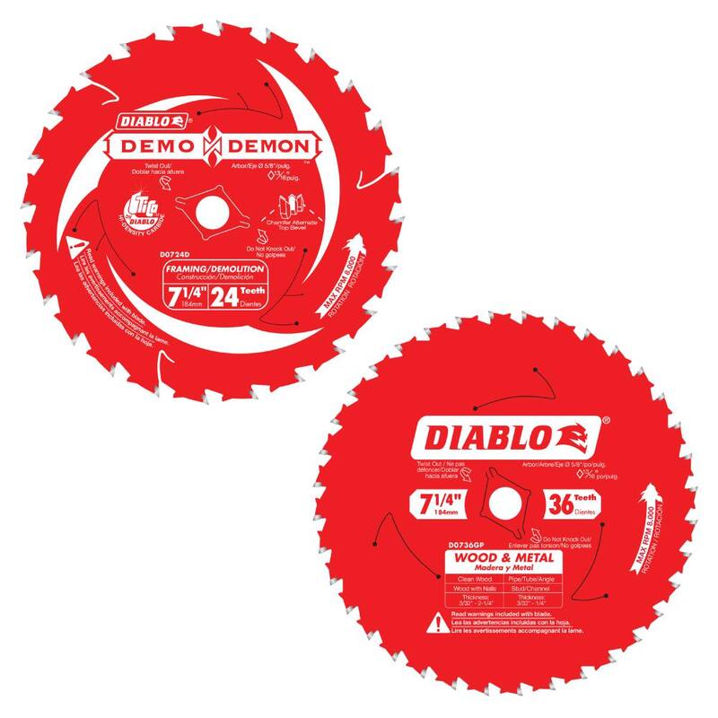 DIABLO 7-1/4 pulgadas 24 Dientes Demo Demon para Estructuras/Demolición y 7-1/4 pulgadas x 36 Dientes Madera y Metal Hojas de Sierra Circular (2 Hojas) - D0724DR0736GP2G