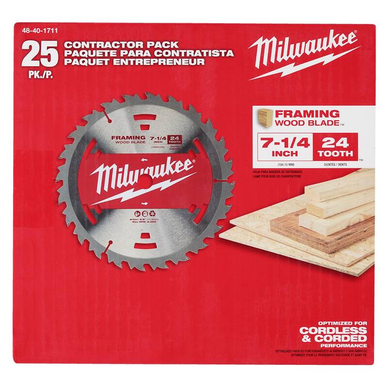Hoja de sierra circular de marco para corte de madera con carburo de tungsteno de 7-1/4 pulgadas y 24 dientes (paquete de 25) - 48-40-1711 de Milwaukee