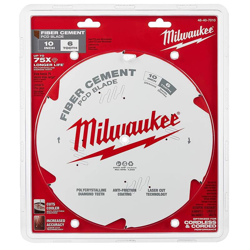 Milwaukee 10 pulgadas x 6 dientes hoja de sierra para corte de fibrocemento con punta de diamante policristalino (PCD) - 48-40-7010