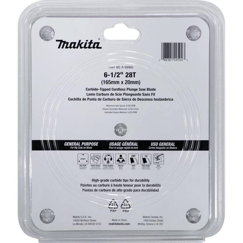 Hoja de sierra para makita de 6-1/2 in. con 28 dientes de carburo para madera y sumergible, número de parte A-99960