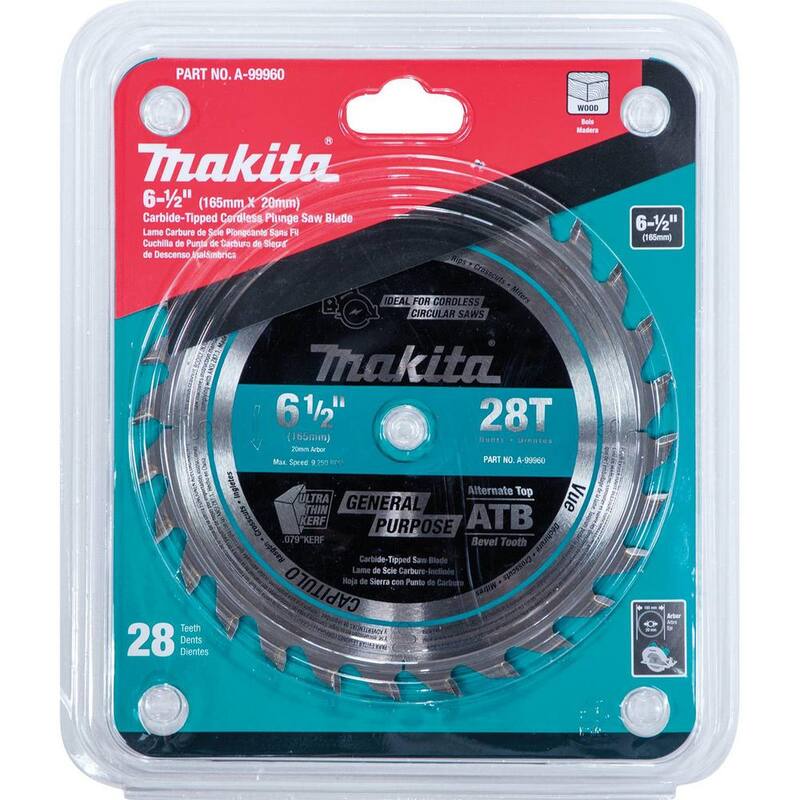 Hoja de sierra para makita de 6-1/2 in. con 28 dientes de carburo para madera y sumergible, número de parte A-99960